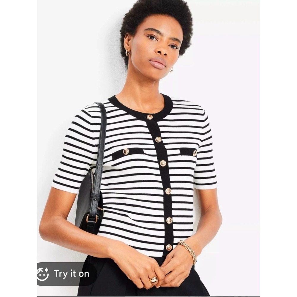 LOFT Striped Short Sleeve Cardigan Sweater Preppy Black White Large Gold Buttons